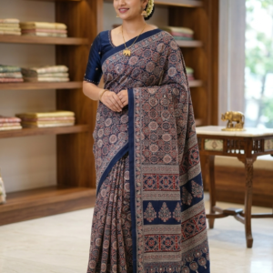Ajrakh Mirror Work Soft Crepe Silk Saree with Running Printed Blouse