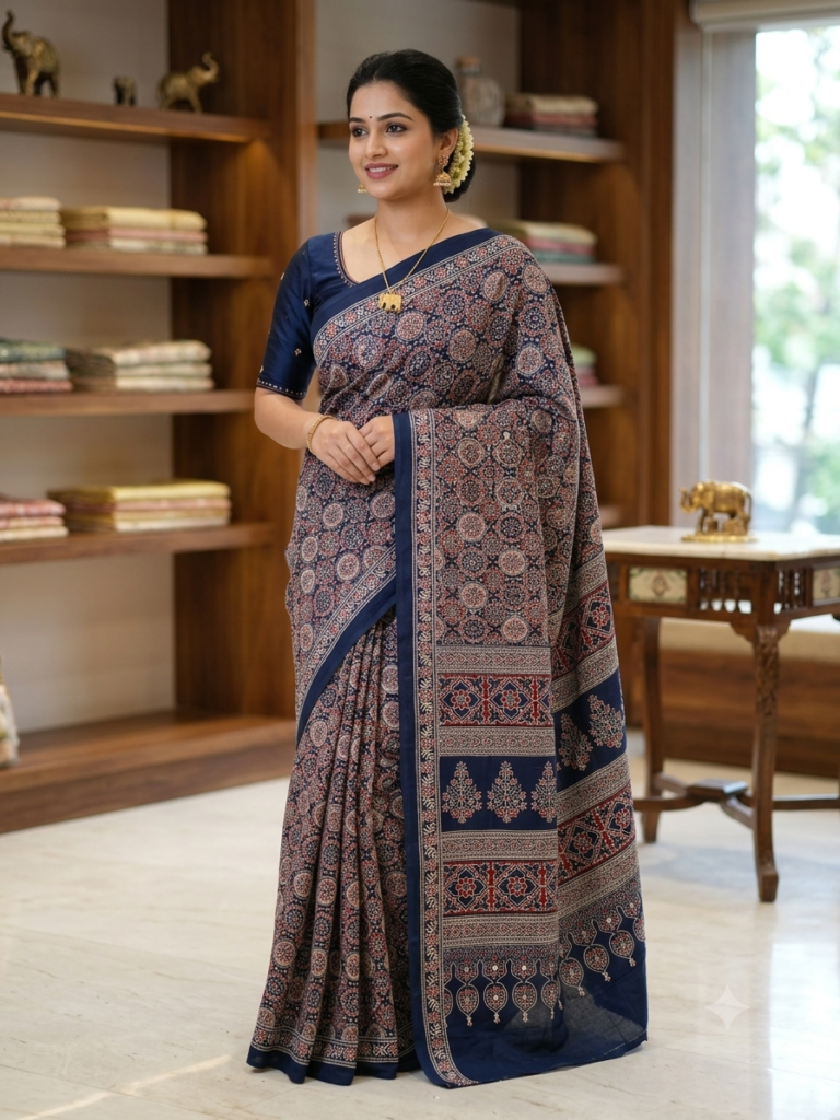 Ajrakh Mirror Work Soft Crepe Silk Saree with Running Printed Blouse