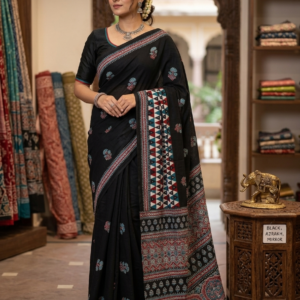 Ajrakh Mirror Soft Crepe Silk Saree with Real Mirror Work & Running Printed Blouse