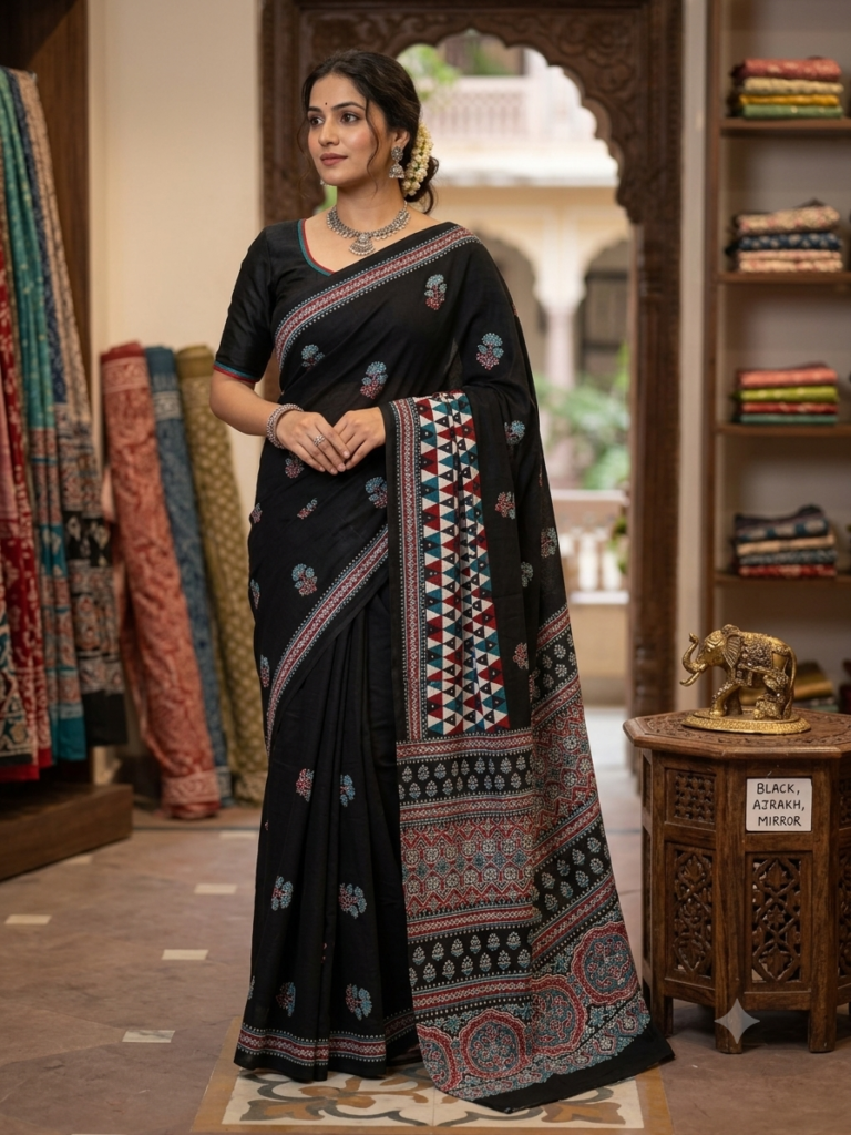 Ajrakh Mirror Soft Crepe Silk Saree with Real Mirror Work & Running Printed Blouse