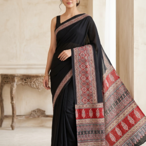 Ajrakh Print Soft Crepe Silk Saree with Real Mirror Work & Tassel Pallu