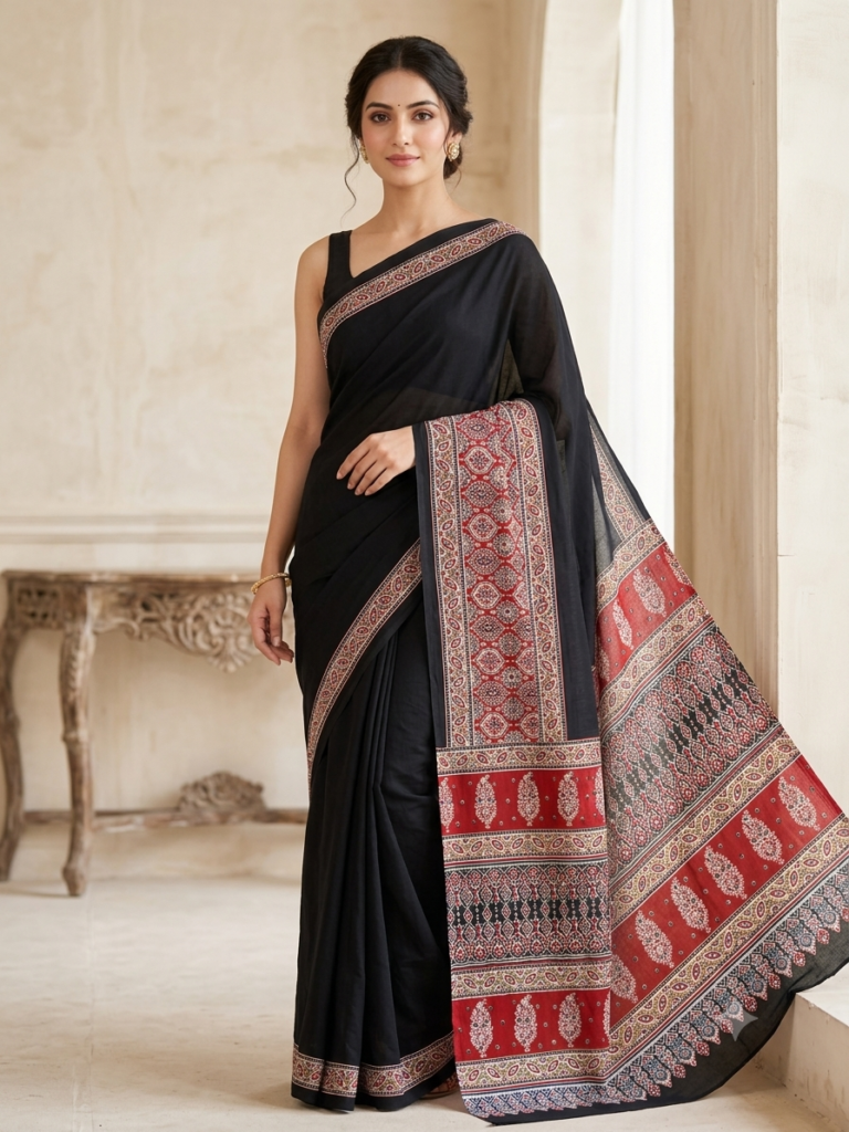 Ajrakh Print Soft Crepe Silk Saree with Real Mirror Work & Tassel Pallu