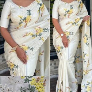 Tusser Cotton Embroidered Saree with Cutwork & Embroidered Blouse