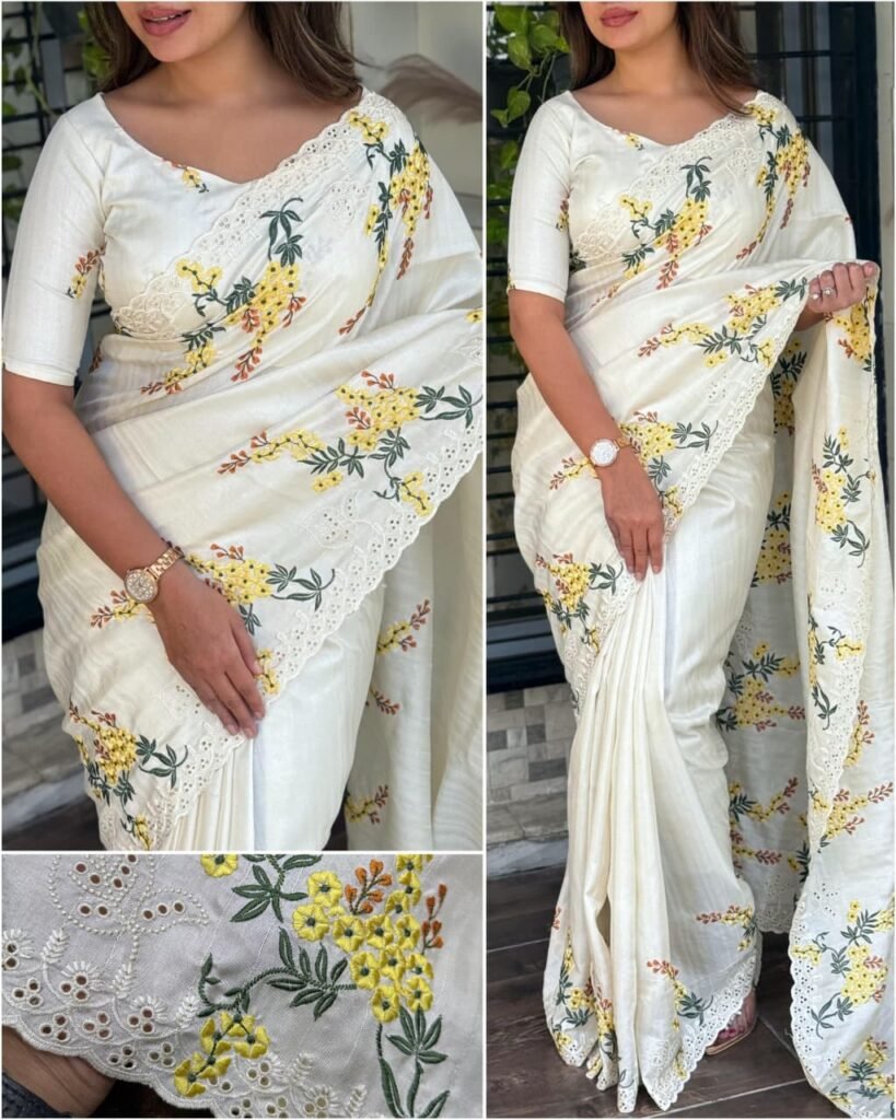 Tusser Cotton Embroidered Saree with Cutwork & Embroidered Blouse