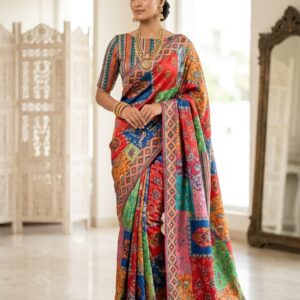 Premium Soft Chinnon Designer Saree with Gold Zari & Real Mirror Work