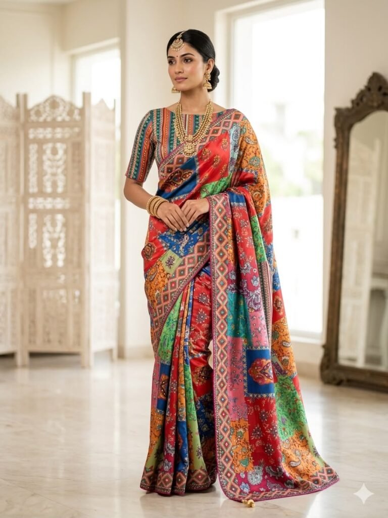Premium Soft Chinnon Designer Saree with Gold Zari & Real Mirror Work