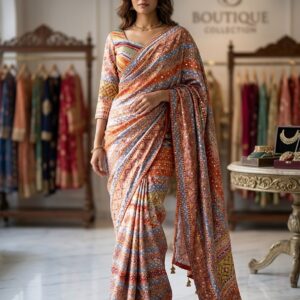 Premium Soft Chinnon Designer Saree with Gold Zari & Real Mirror Work