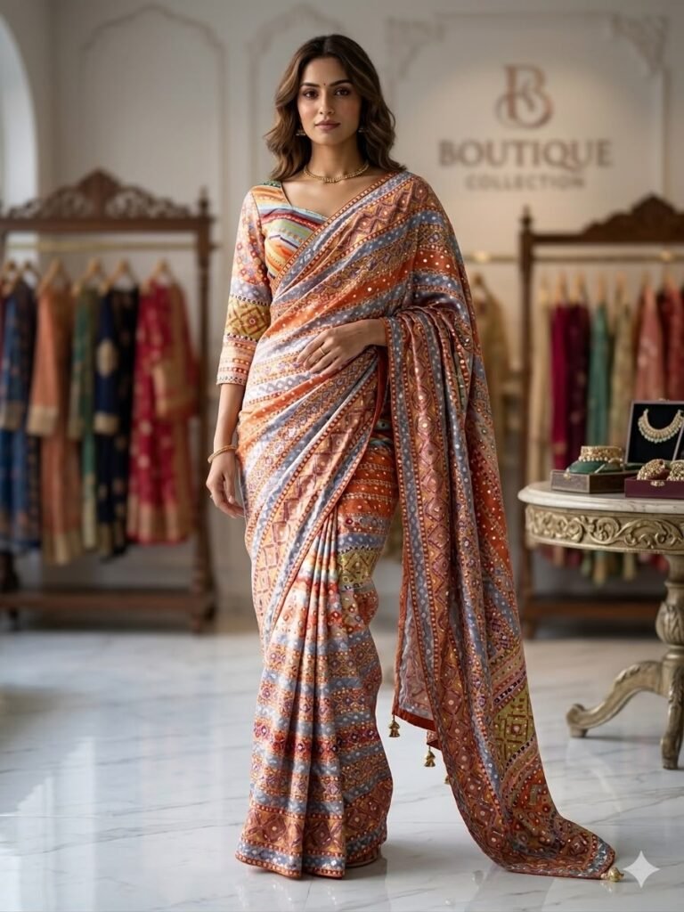 Premium Soft Chinnon Designer Saree with Gold Zari & Real Mirror Work