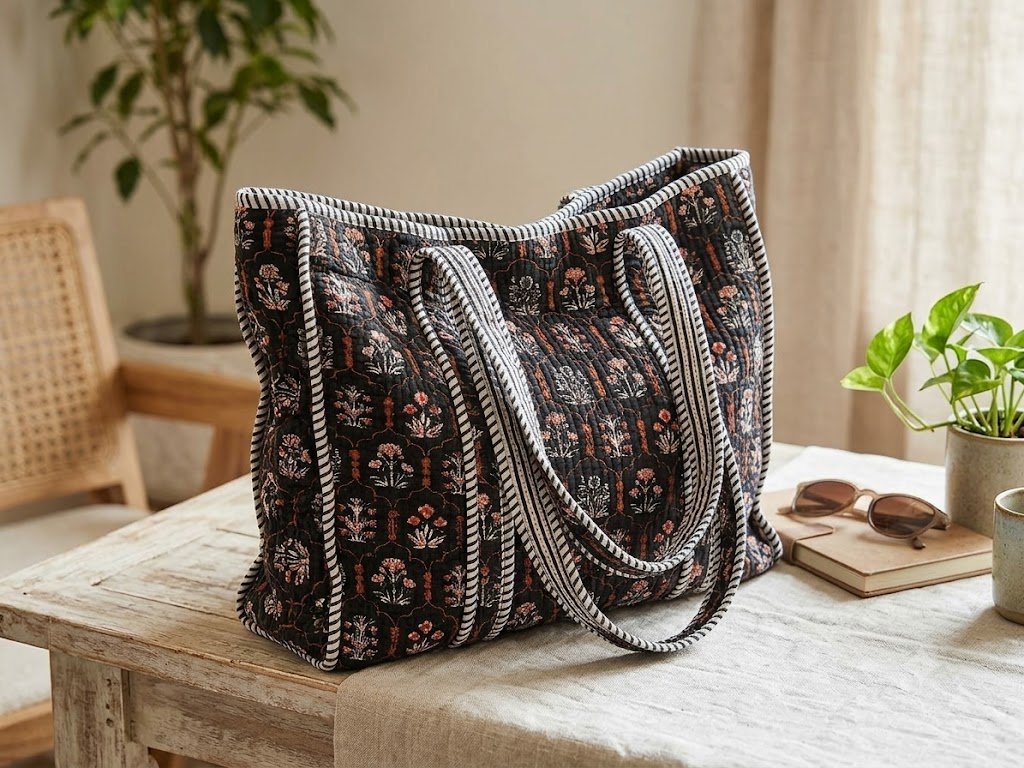 Block Print Cotton Quilted Zip Tote Bags - Image 2