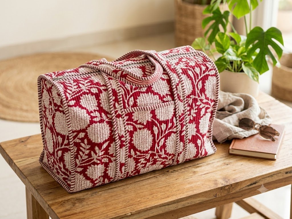 Duffle Bag Jaipur Cotton Quilted Block Print Travel Bag - Image 3