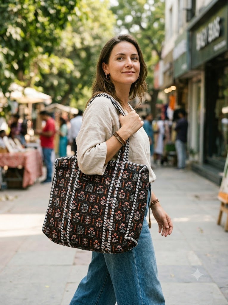 Block Print Cotton Quilted Zip Tote Bags - Image 3