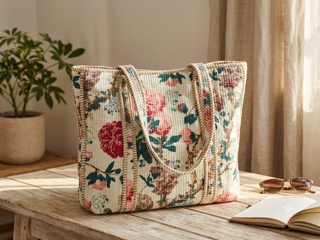 Block Print Cotton Quilted Large Zip Tote Bags