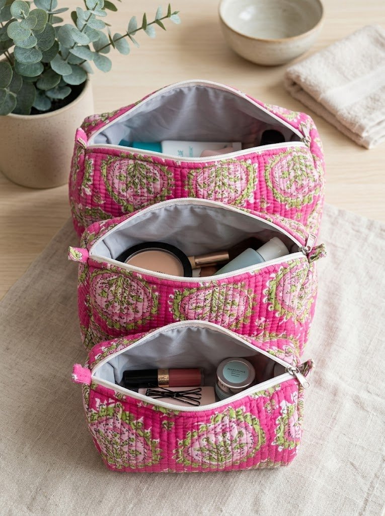 Toiletry/Cosmetic Pouches:-Hand Block Print Cotton Quilted (3 pc) - Image 3