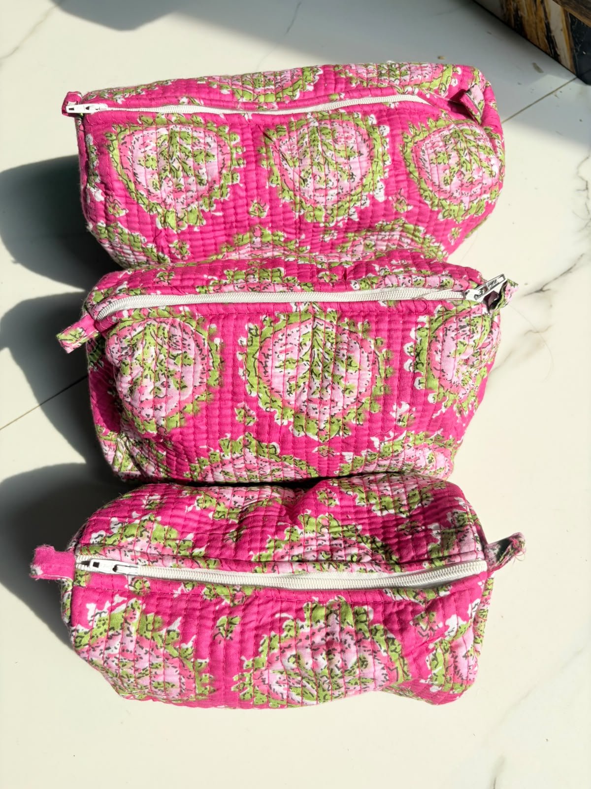 Toiletry/Cosmetic Pouches:-Hand Block Print Cotton Quilted (3 pc) - Image 4