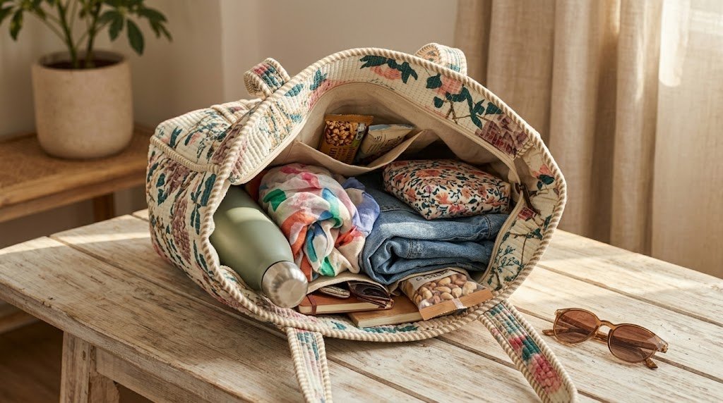 Block Print Cotton Quilted Large Zip Tote Bags - Image 3