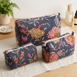 Toiletry/Cosmetic Pouches:-Hand Block Print Cotton Quilted (3 pc)
