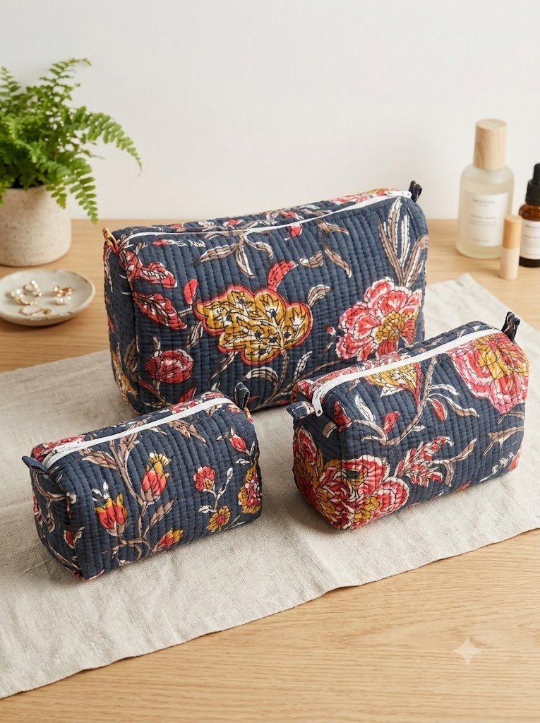 Toiletry/Cosmetic Pouches:-Hand Block Print Cotton Quilted (3 pc)