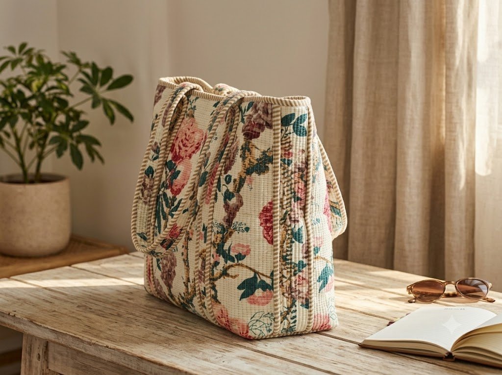 Block Print Cotton Quilted Large Zip Tote Bags - Image 6