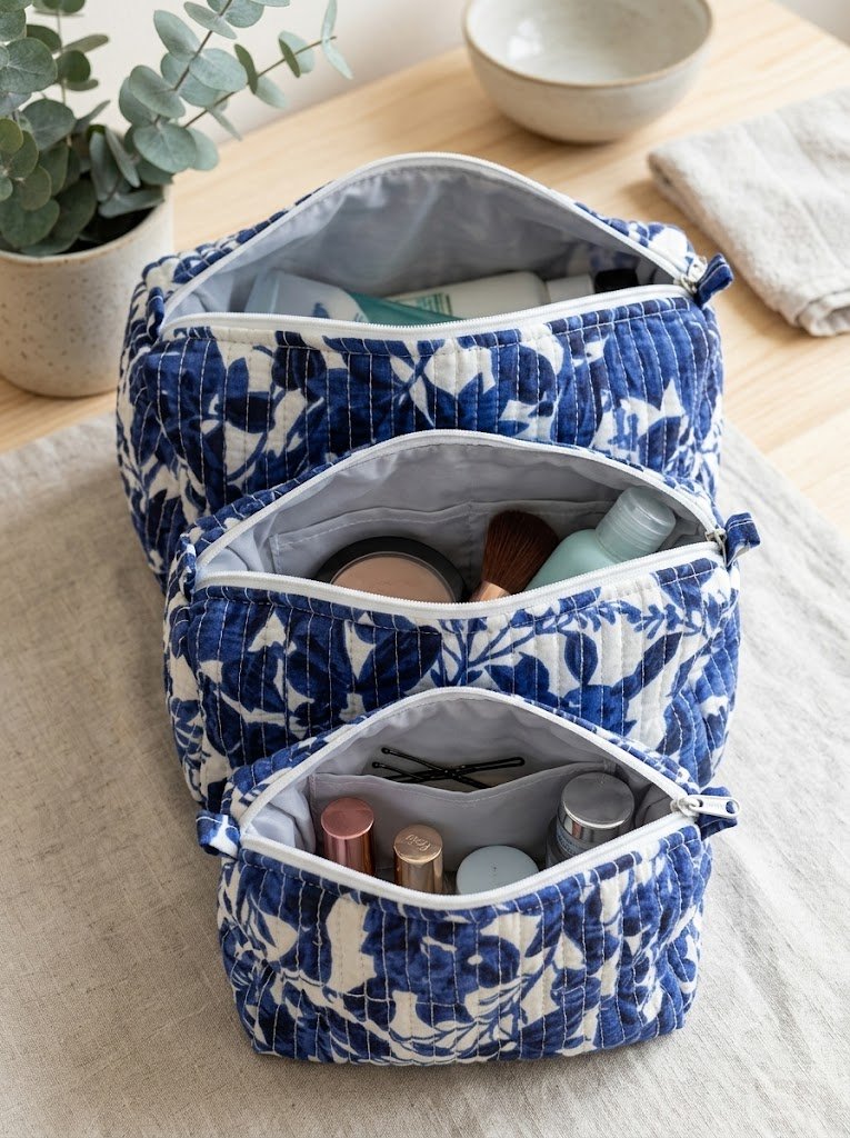Toiletry/Cosmetic Pouches:-Hand Block Print Cotton Quilted (3 pc) - Image 5