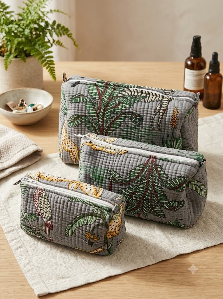 Toiletry/Cosmetic Pouches:-Hand Block Print Cotton Quilted (3 pc)