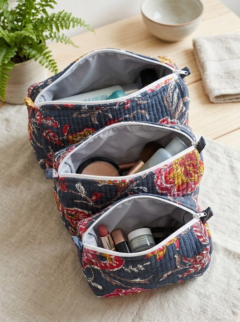 Toiletry/Cosmetic Pouches:-Hand Block Print Cotton Quilted (3 pc) - Image 4