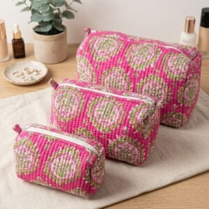 Toiletry/Cosmetic Pouches:-Hand Block Print Cotton Quilted (3 pc)