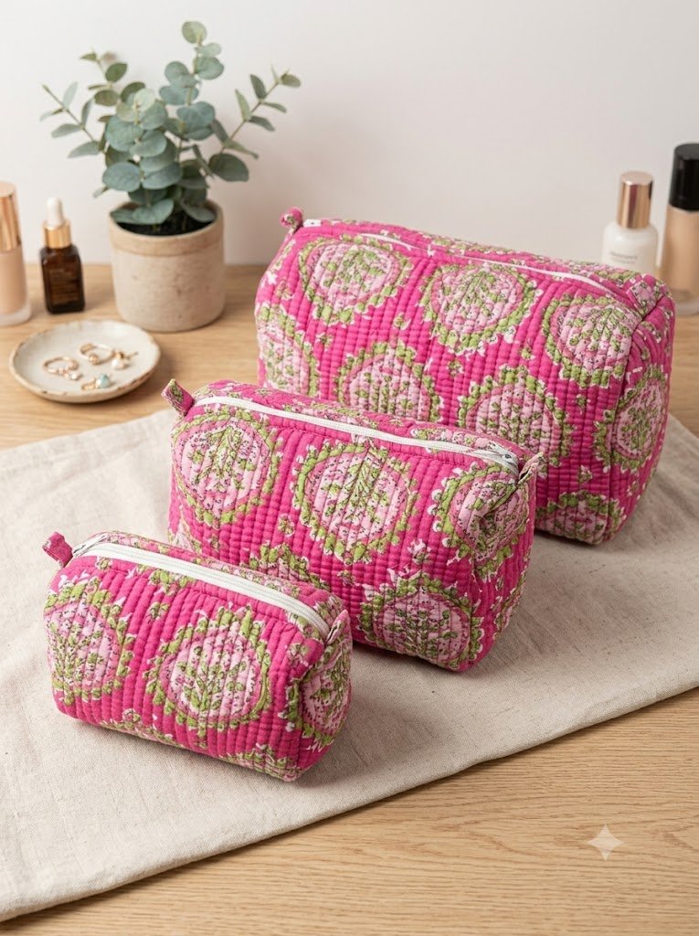 Toiletry/Cosmetic Pouches:-Hand Block Print Cotton Quilted (3 pc)
