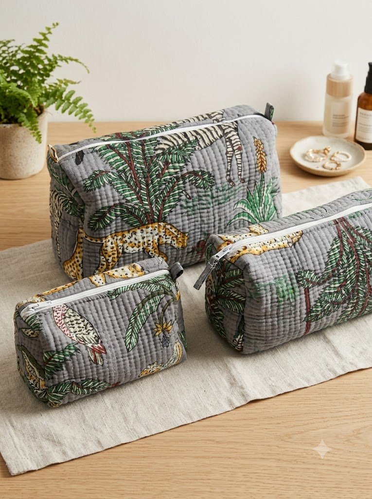 Toiletry/Cosmetic Pouches:-Hand Block Print Cotton Quilted (3 pc) - Image 3