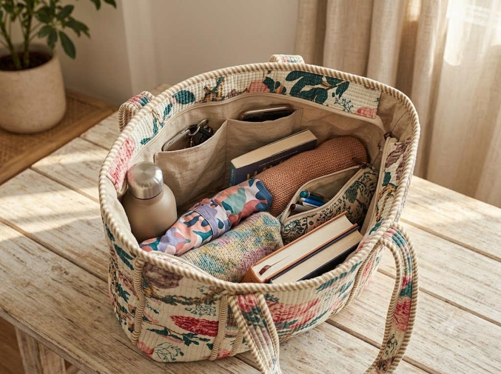 Block Print Cotton Quilted Large Zip Tote Bags - Image 4
