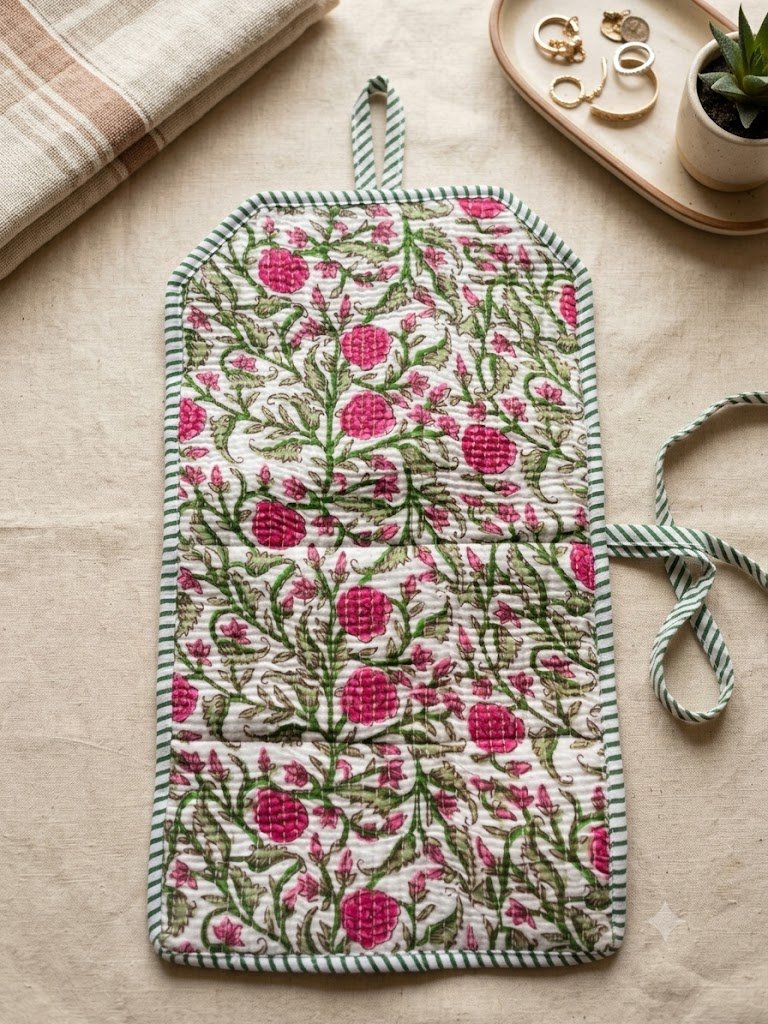 Block-Print Quilted Cotton Travel Roll-Up Organizer / Hanging Jewelry & Cosmetic Pouch - Image 4