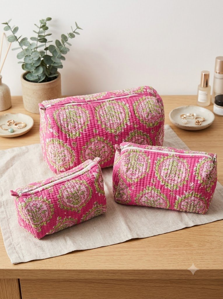 Toiletry/Cosmetic Pouches:-Hand Block Print Cotton Quilted (3 pc) - Image 5