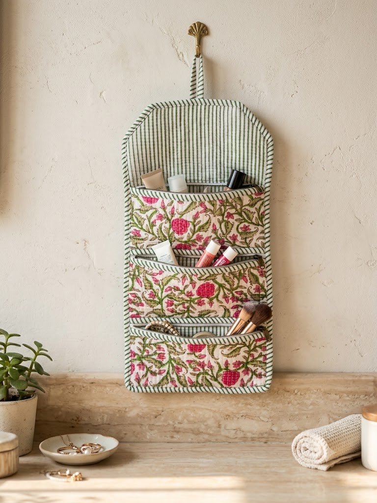 Block-Print Quilted Cotton Travel Roll-Up Organizer / Hanging Jewelry & Cosmetic Pouch