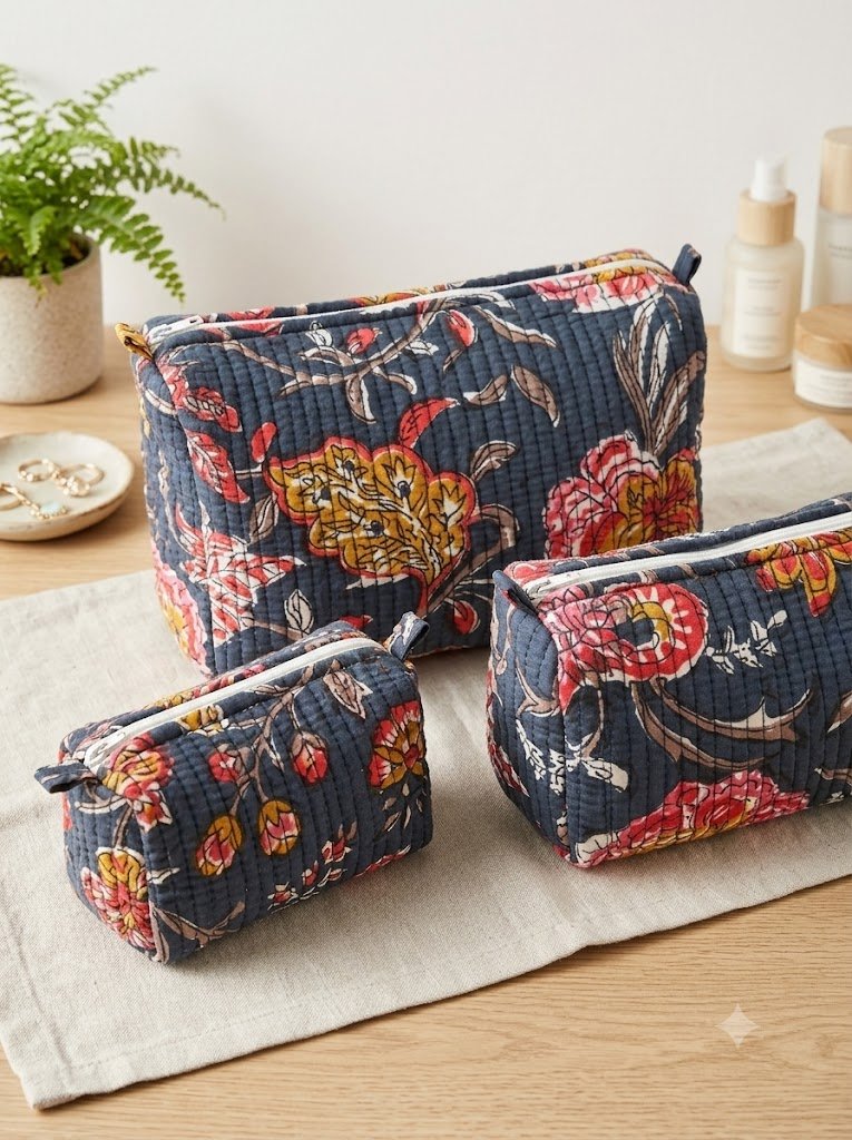 Toiletry/Cosmetic Pouches:-Hand Block Print Cotton Quilted (3 pc) - Image 3