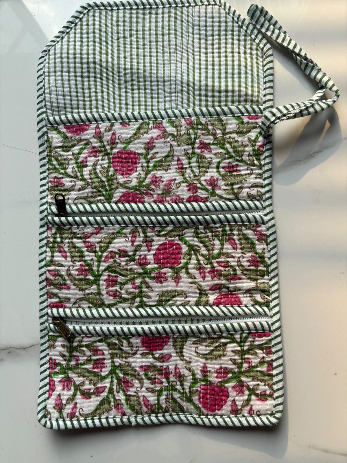Block-Print Quilted Cotton Travel Roll-Up Organizer / Hanging Jewelry & Cosmetic Pouch - Image 3