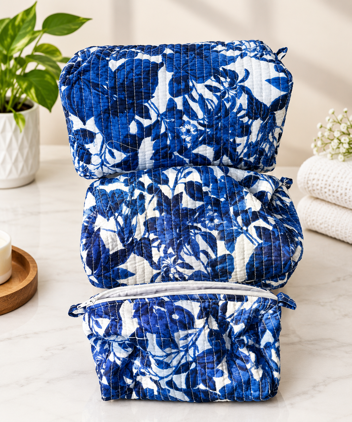 Toiletry/Cosmetic Pouches:-Hand Block Print Cotton Quilted (3 pc) - Image 2