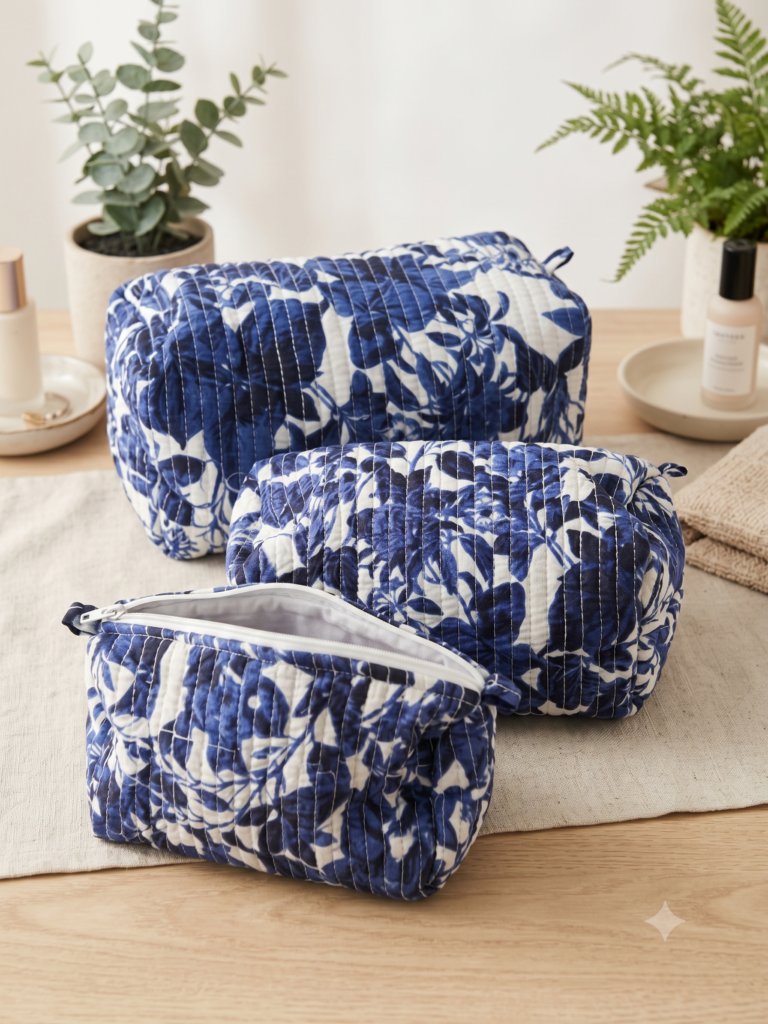 Toiletry/Cosmetic Pouches:-Hand Block Print Cotton Quilted (3 pc)