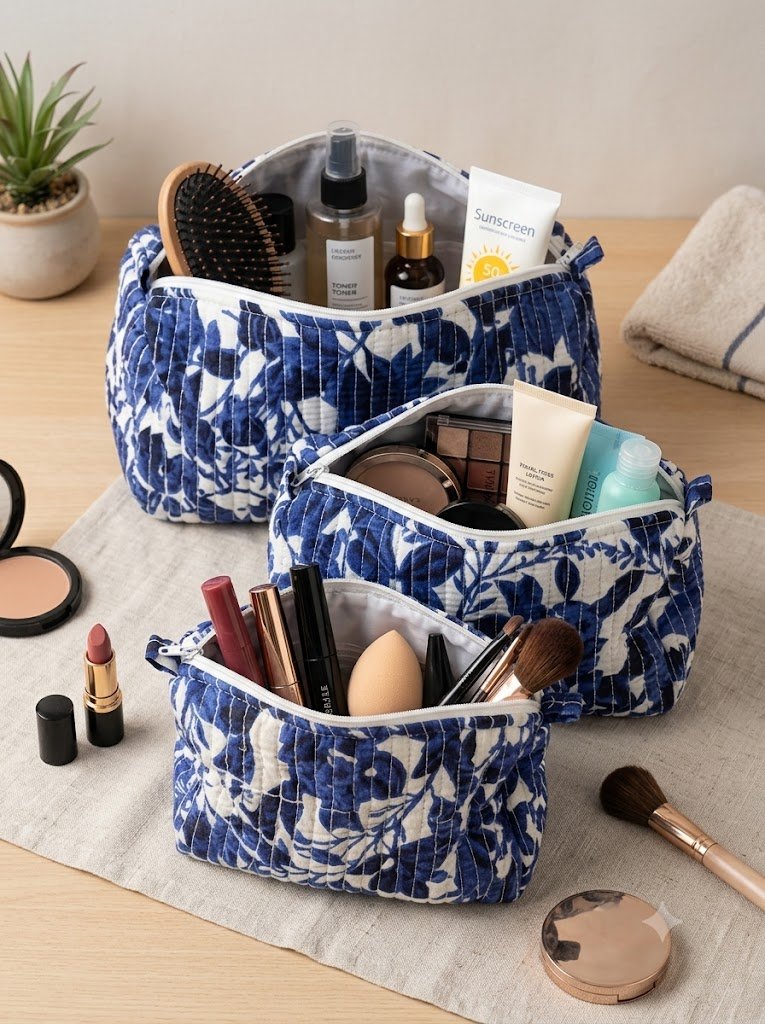 Toiletry/Cosmetic Pouches:-Hand Block Print Cotton Quilted (3 pc) - Image 3
