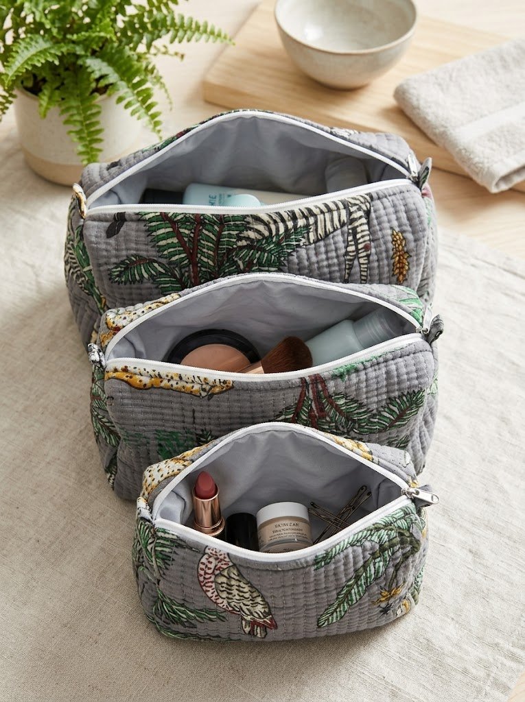 Toiletry/Cosmetic Pouches:-Hand Block Print Cotton Quilted (3 pc) - Image 4