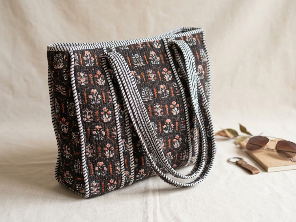 Block Print Cotton Quilted Zip Tote Bags